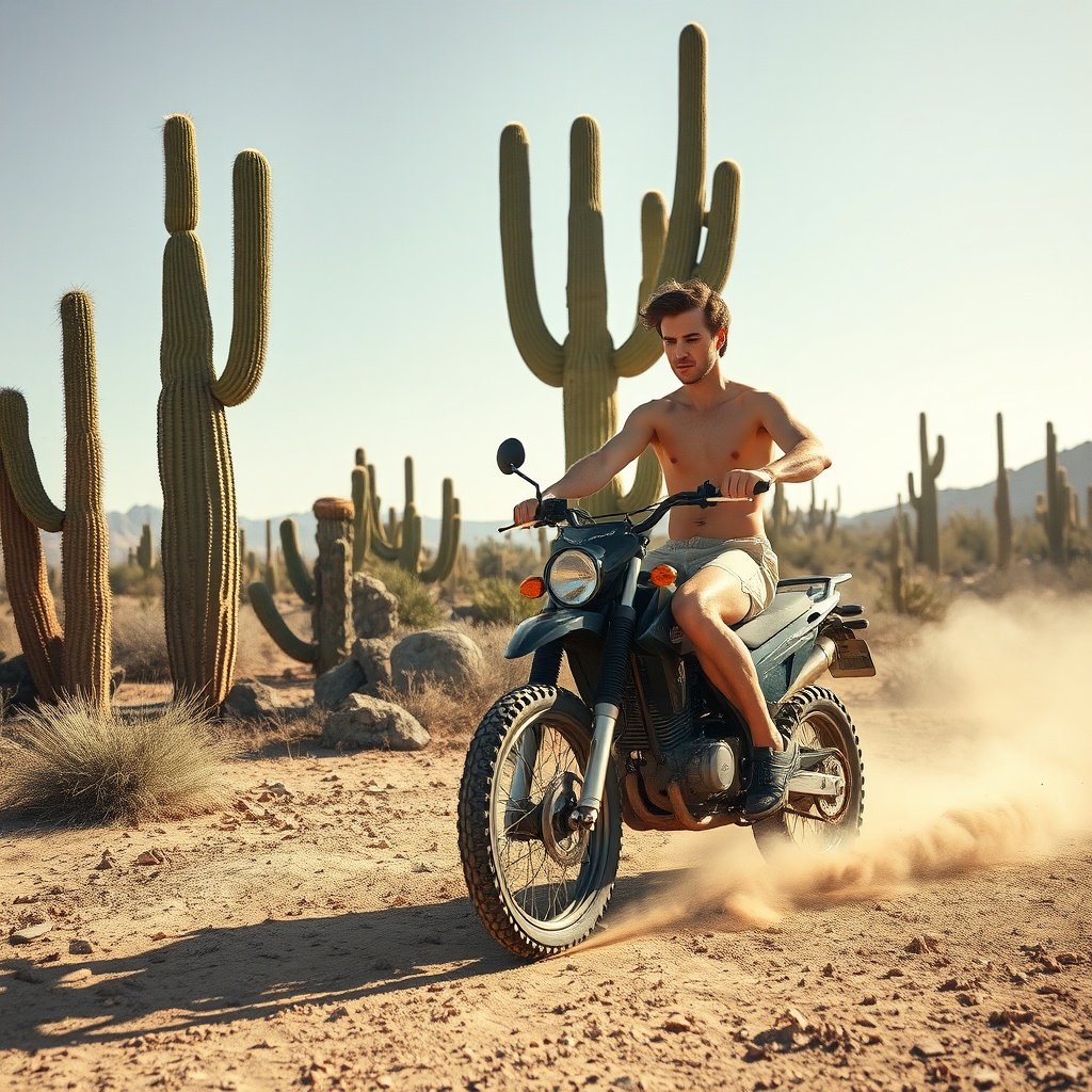 The image captures a shirtless man riding a motorcycle through a desert landscape adorned with towering cacti. The sun casts a warm glow, creating long shadows and emphasizing the arid, dusty terrain. The scene conveys a sense of adventure and freedom, as the rider navigates the rough, sandy path surrounded by nature's grandeur.