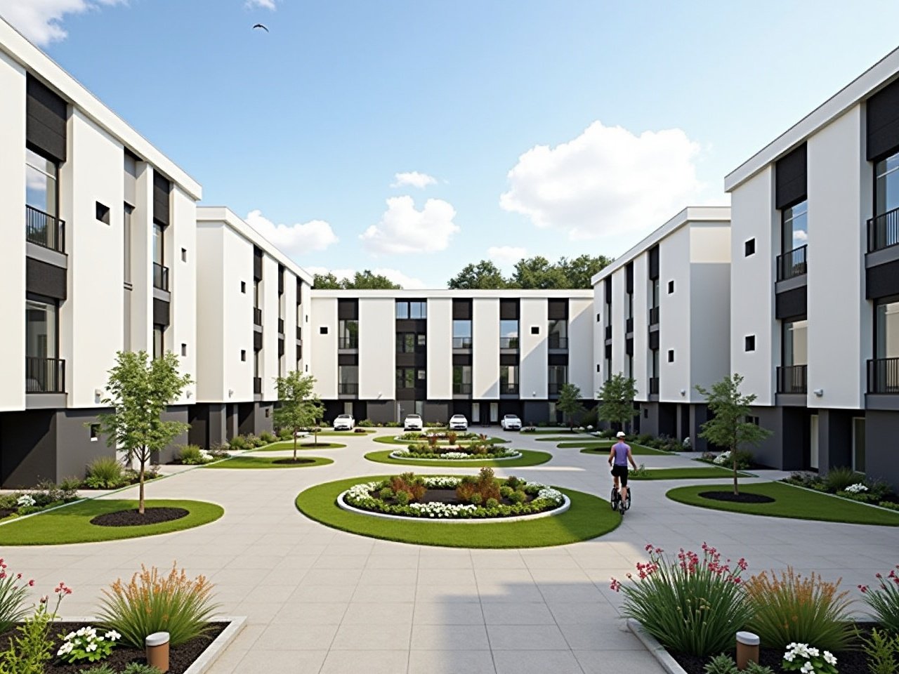 The image shows a modern residential complex with several buildings designed in a contemporary architectural style. The buildings are primarily white with sections of black accents, creating a striking visual contrast. In the center, there is a landscaped courtyard with a circular flower bed and decorative plants, providing a green space for residents. A bicycle rider can be seen passing through the space, emphasizing a walkable community. The sky is mostly clear with a few clouds, suggesting a pleasant day. Overall, the design promotes an aesthetic blend of urban living with nature-friendly elements.