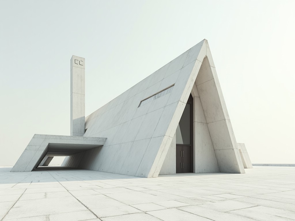 A modern, minimalist architectural structure with angular, geometric design.