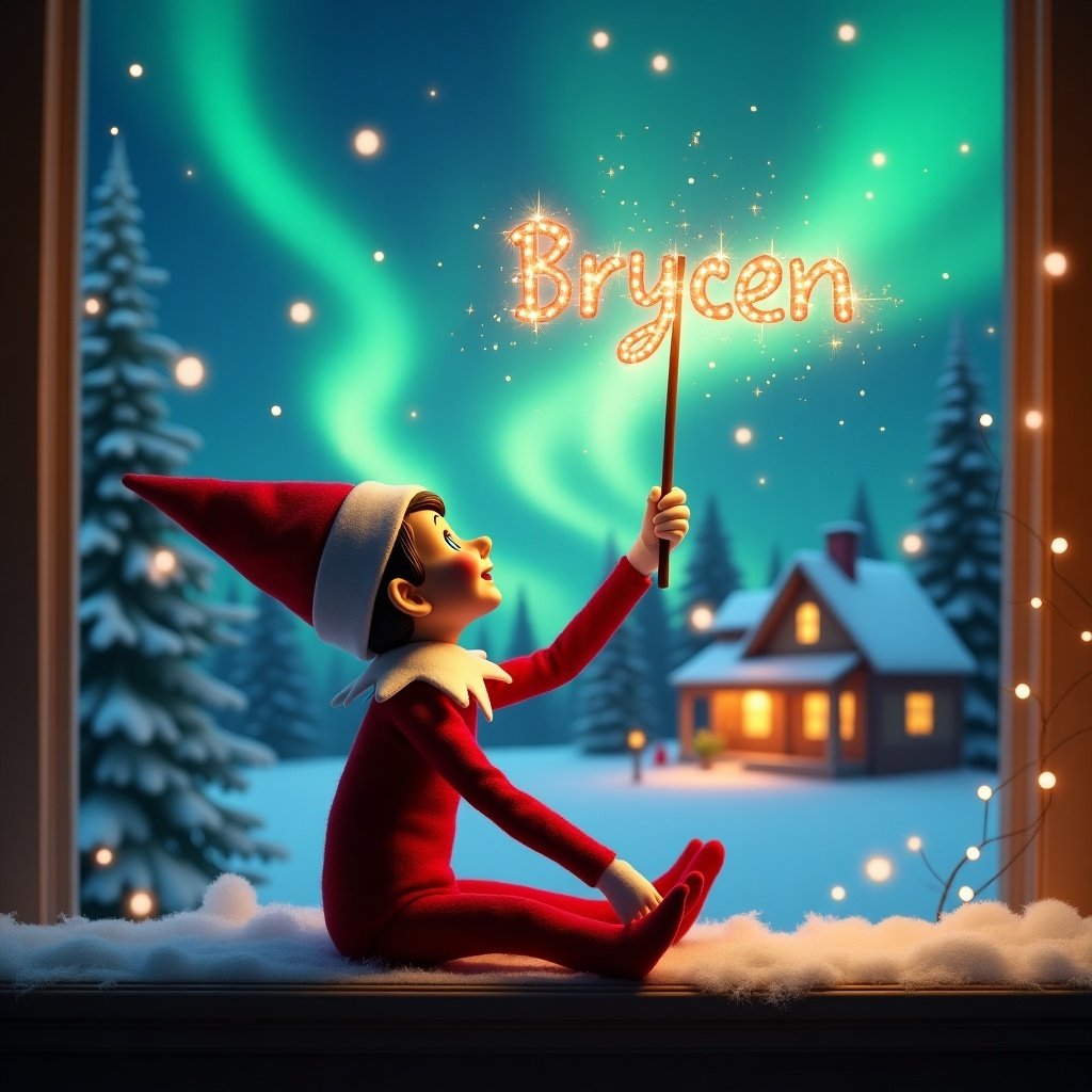 An elf on the shelf sits with its back to the viewer, gazing skyward. It holds a glowing wand that emits sparkling light. The background showcases a charming Christmas scene with colorful northern lights swirling above. In the distance, a cozy house can be seen, decorated for the holidays. Snow covers the ground, adding to the winter atmosphere. The elf embodies the spirit of magic and wonder associated with Christmas, as it creates the name 'Brycen' in the air with its wand.