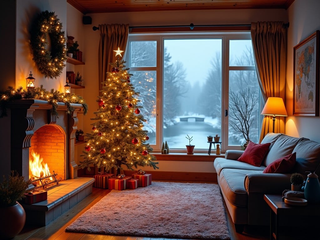 The image depicts a cozy living room beautifully decorated for Christmas during a snowy day. A richly adorned Christmas tree takes center stage, illuminated with warm lights and ornaments. To the side, a crackling fireplace adds to the ambiance, surrounded by festive decorations. Large windows reveal a tranquil snowy landscape outside. The inviting colors and soft furnishings create a warm, welcoming atmosphere, perfect for holiday gatherings with family and friends.