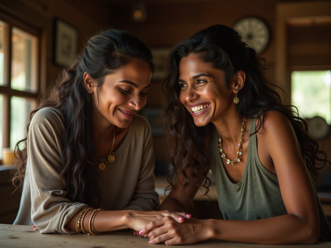 In a cozy rustic cabin, Priyanka finds herself in a light-hearted situation involving a large domestic breeding boar. She wears a playful expression, determined to engage the boar who seems rather disinterested. This comedic moment is filled with warmth as natural light spills into the cabin, emphasizing both Priyanka's amusement and the boar's calm stubbornness. The setting is inviting, rich with rustic charm, making it an engaging visual for viewers. The image captures the humorous dynamic of her encouraging the boar, showcasing a delightful interaction between human and animal.