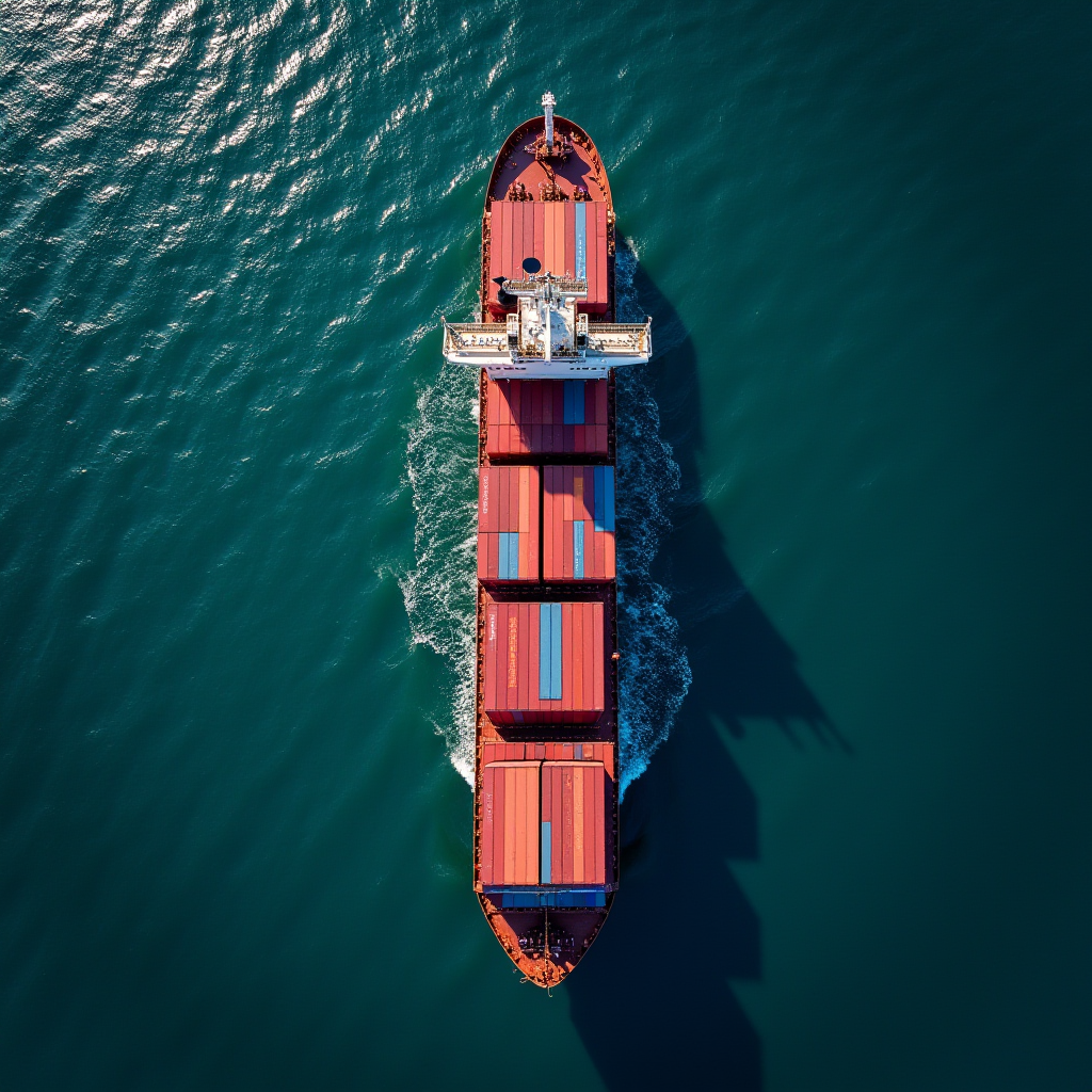 Aerial view of a large cargo ship moving through blue ocean waters.