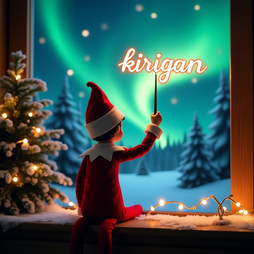 An enchanting Christmas scene features an elf on the shelf, who is facing the sky with his back to the viewer. The elf is dressed in a classic red and white outfit, holding a magic wand. As he waves the wand, the word 'kirigan' glows in script above him. The backdrop showcases vibrant northern lights that illuminate the winter landscape. Softly lit Christmas trees add to the festive ambiance. This whimsical scene captures the spirit of Christmas and a sense of wonder for viewers of all ages.