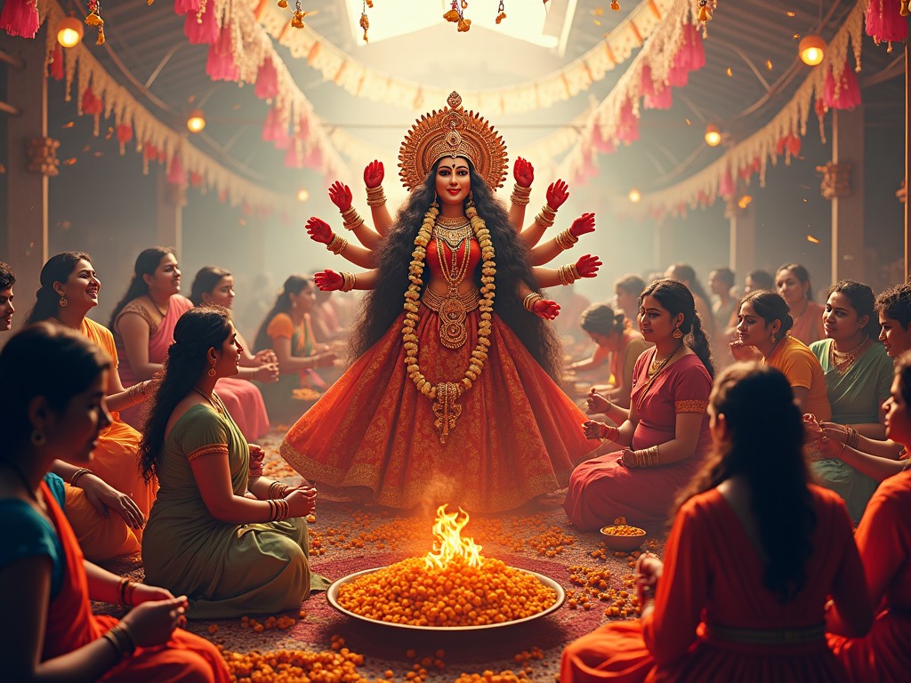 The image showcases a vibrant cultural scene depicting Goddess Durga in a traditional celebration. She is adorned with intricate jewelry and a colorful attire, standing majestically in the center. Surrounding her are women dressed in matching colorful outfits, engaged in worship and celebration. The atmosphere is festive, with floral decorations and offerings surrounding a fire. The lighting enhances the warm and inviting ambiance, creating a sense of community and reverence.