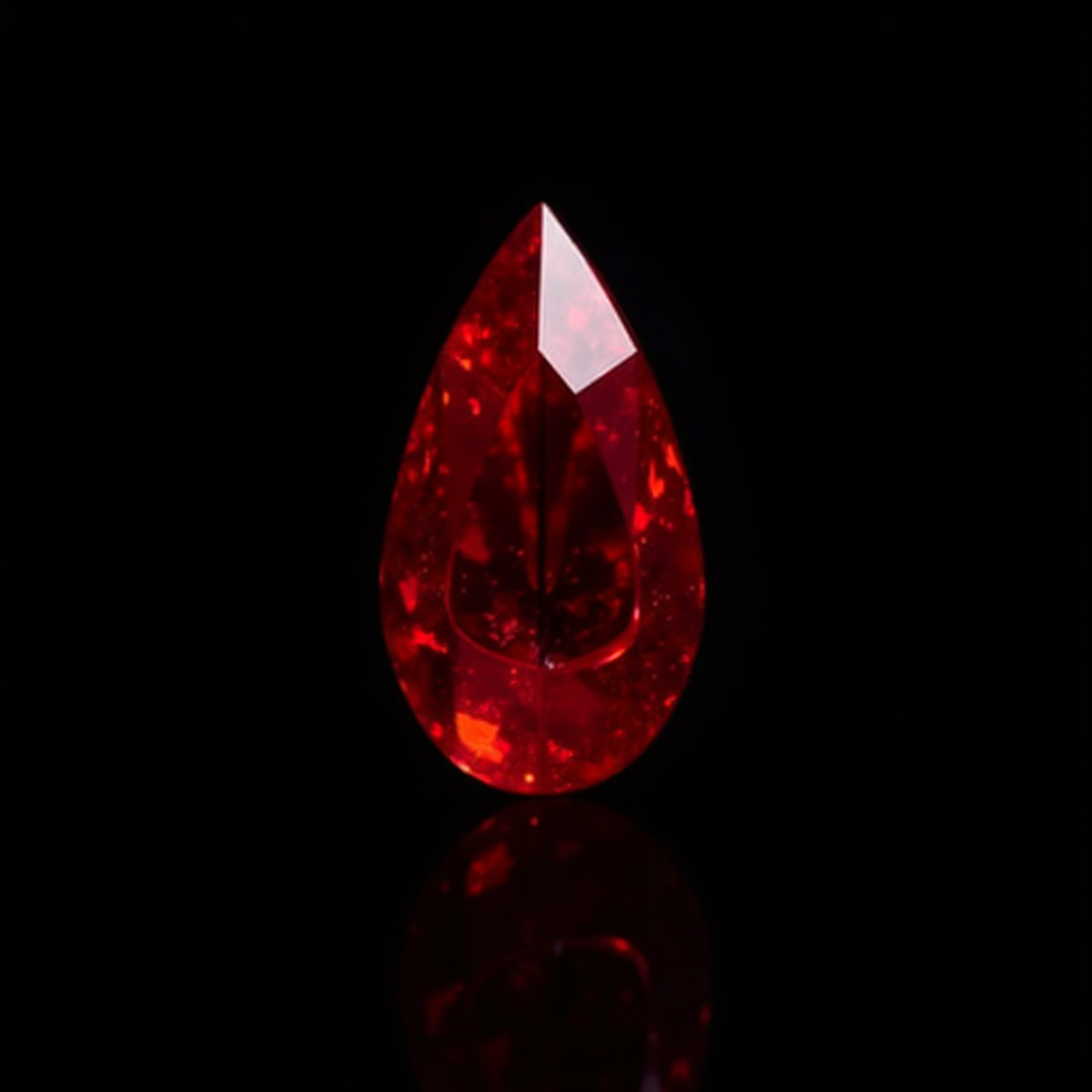 The image showcases a striking pear-shaped gemstone with a vivid crimson hue. Set against a black background, the stone's deep red color is accentuated, making it appear vibrant and intense. The facets of the gemstone are visible, catching light and creating reflections that enhance its brilliance. The surface shows internal patterns and slight inclusions typical in gems, adding to the stone's character and beauty.