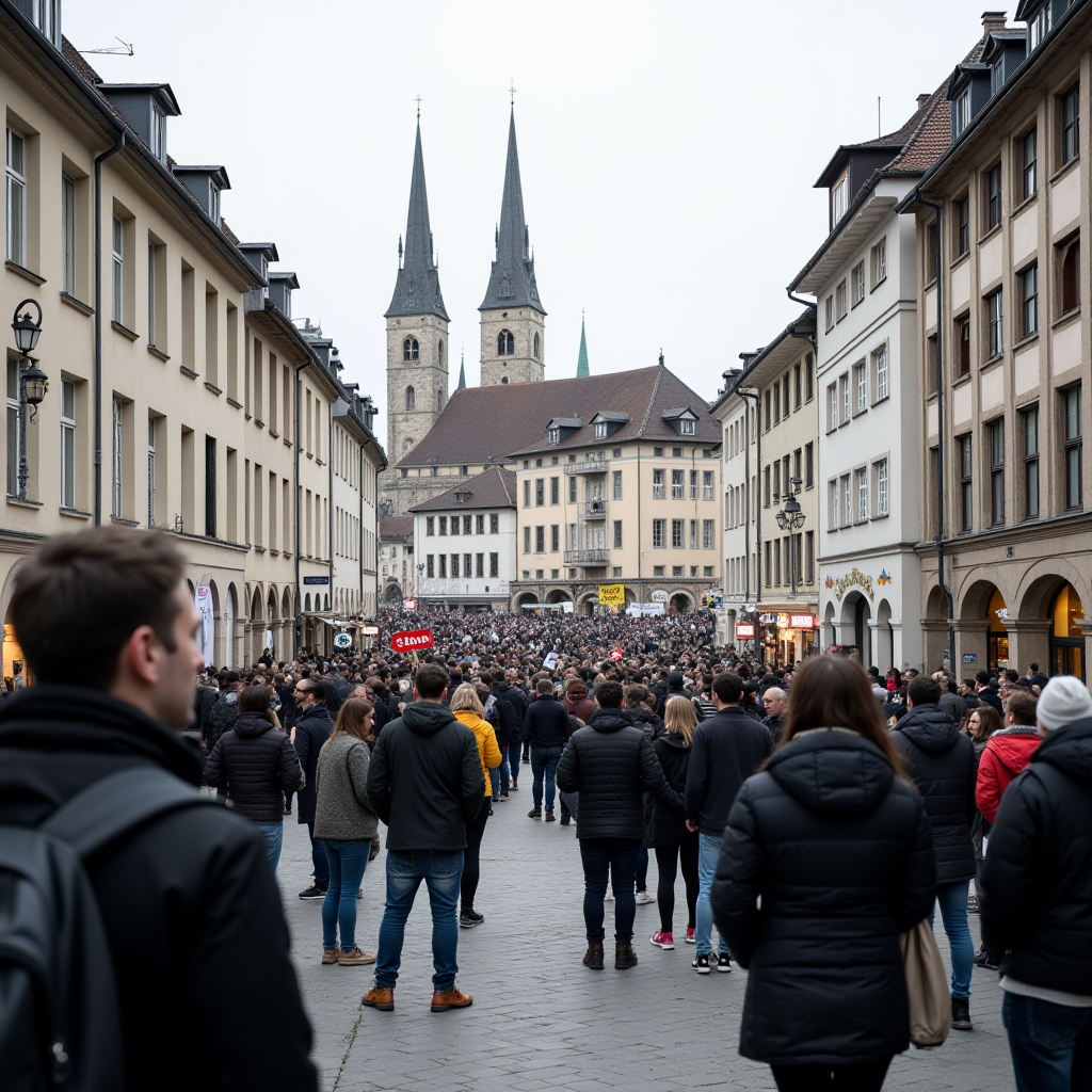 A bustling city street filled with people, showcasing an architectural blend of new and old structures.