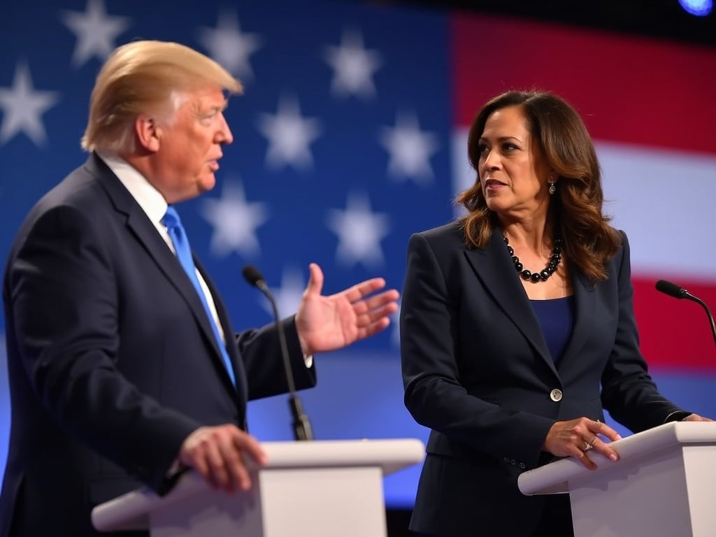 An image depicting two politicians on stage during a debate. The setting is a formal debate with American flags in the background. One politician, dressed in a blue suit, is gesturing while speaking. The other, dressed in a darker outfit, is listening attentively. They are positioned behind podiums, both focused on the discussion. The ambiance is professional with clear lighting, capturing an important moment in political discourse.