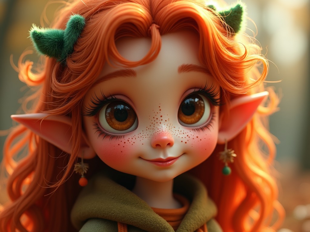 A whimsical, animated character designed as a fantasy elf girl. She has vibrant orange curly hair and large expressive brown eyes. Her skin is adorned with cute freckles, and her ears are pointed and adorned with tiny ornaments. The backdrop suggests a magical forest atmosphere with soft light filtering through the trees. She wears a warm green hoodie, blending her with nature. The overall tone is cheerful and imaginative, aimed at a younger audience.