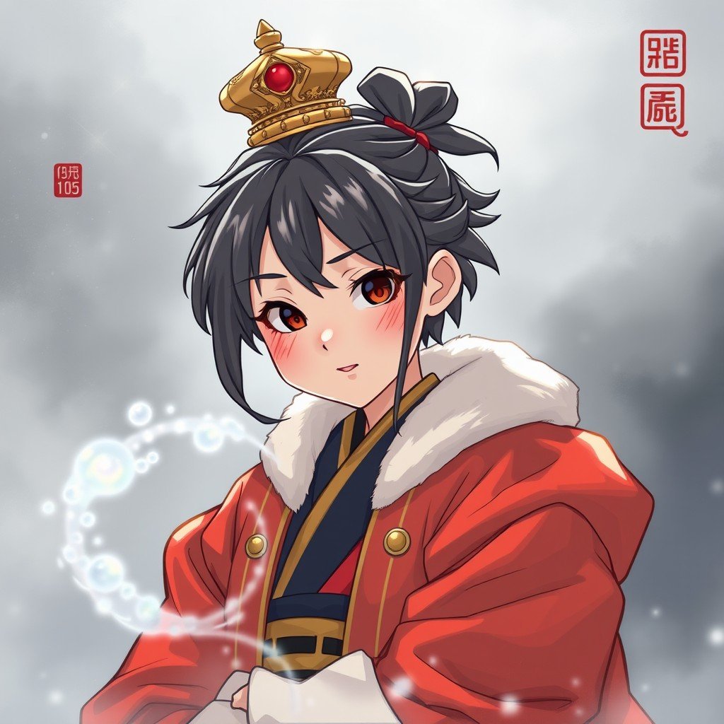 An anime character with a crown and winter attire in a snowy background.