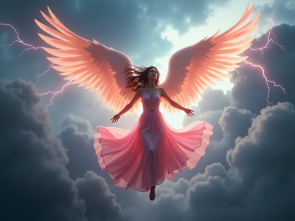 This striking image depicts a majestic angel with wide-spread wings soaring through a stormy sky. The angel wears a flowing pink dress illuminated by a surreal light. The scene is filled with dramatic lightning and ominous clouds. The combination of nature’s fury and divine calm creates a mesmerizing visual story. The flowing of her dress and hair complements the turbulent backdrop, showcasing the blend of elegance and nature's raw energy.