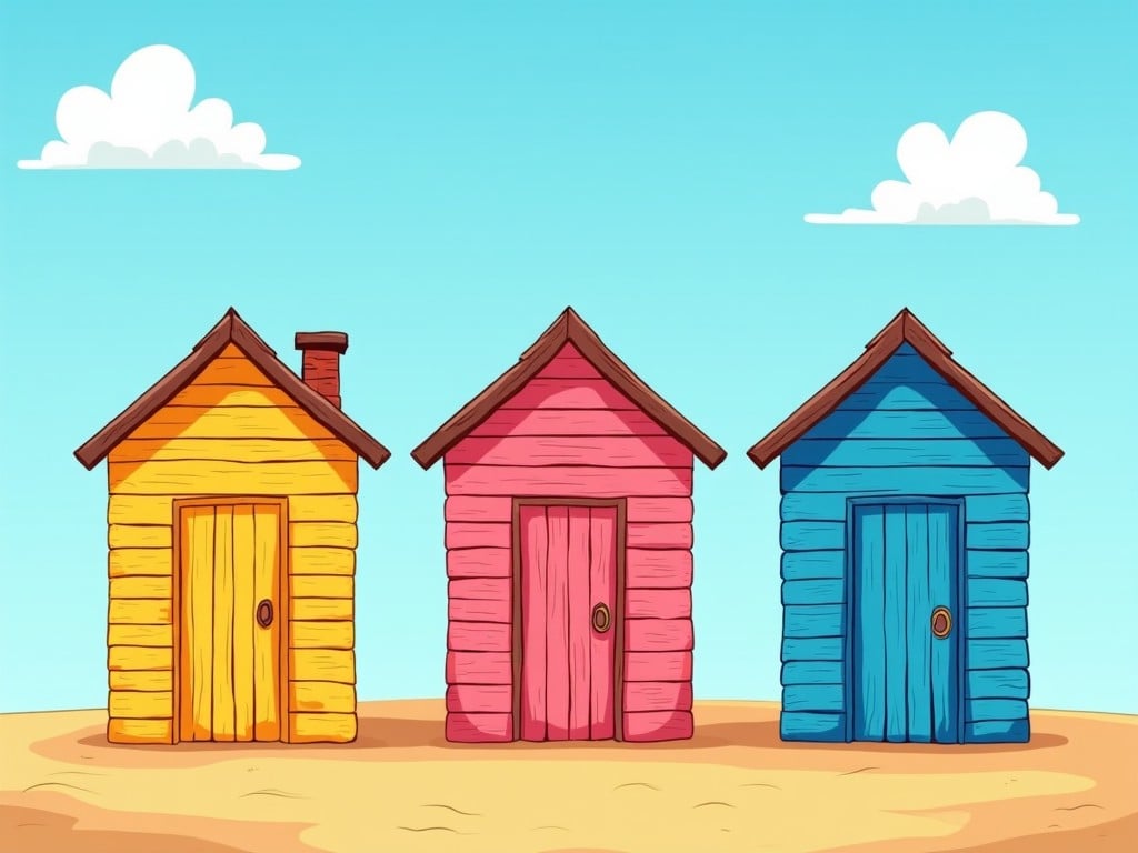 A cartoon-style drawing features three cheerful wooden houses in vibrant colors—yellow, pink, and blue. Each house has a distinct design, with slanted roofs and wooden planks. They are positioned side by side against a clear blue sky. The scene conveys a playful and inviting atmosphere, perfect for children's themed artwork. The background is a simple, light sandy ground, emphasizing the colorful houses.