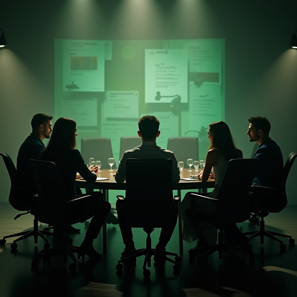 A group of people in a dimly lit room sitting around a table with documents projected on the wall.