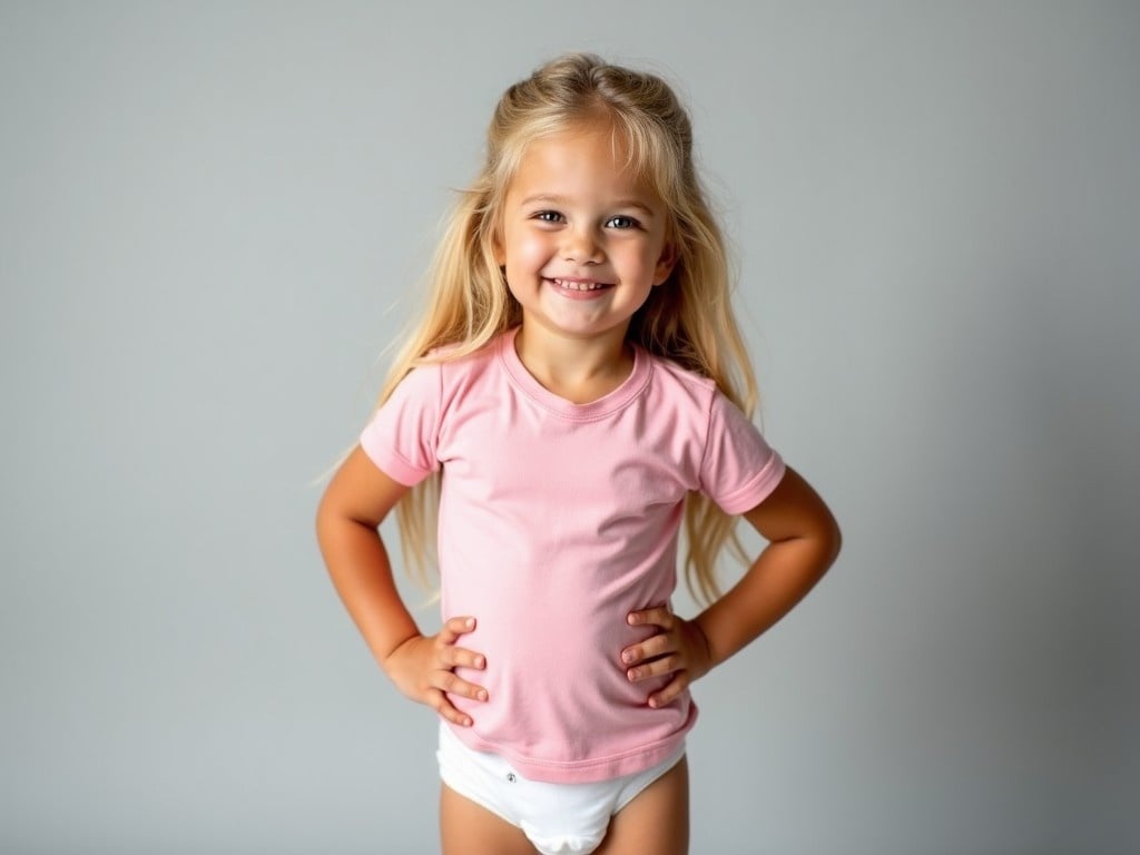 This image features a young girl who looks around four years old, with long, flowing blonde hair. She is dressed in a fitted pink t-shirt and a white diaper, set against a soft gray backdrop that emphasizes her youthful innocence. Her pose is relaxed and confident, with one hand resting on her hip. The soft lighting creates a warm and inviting atmosphere, enhancing the playful feel of the scene. This image captures a typical moment in early childhood, showcasing comfort and playfulness in a casual home setting. It beautifully represents the essence of toddler fashion and carefree childhood moments.