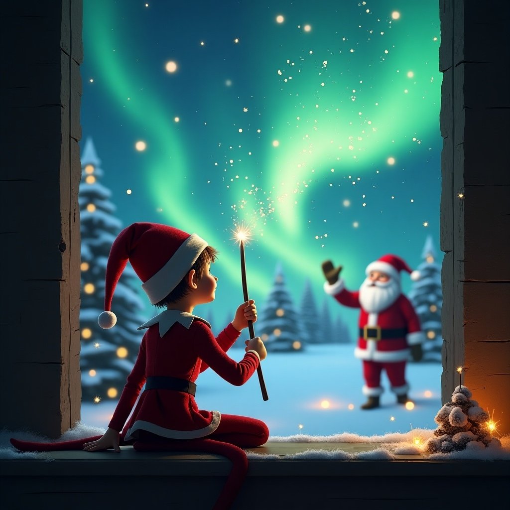 In a magical Christmas scene, an elf on the shelf is positioned with his back to the viewer. He is looking up at the sky, using a wand to write the name 'Kaiden' in sparkling magic. The background showcases a winter wonderland filled with snow-covered trees and glowing lights. In the distance, Santa Claus can be seen, adding to the festive atmosphere. The sky is alive with vibrant northern lights, illuminating the entire scene with a sense of magic and wonder.