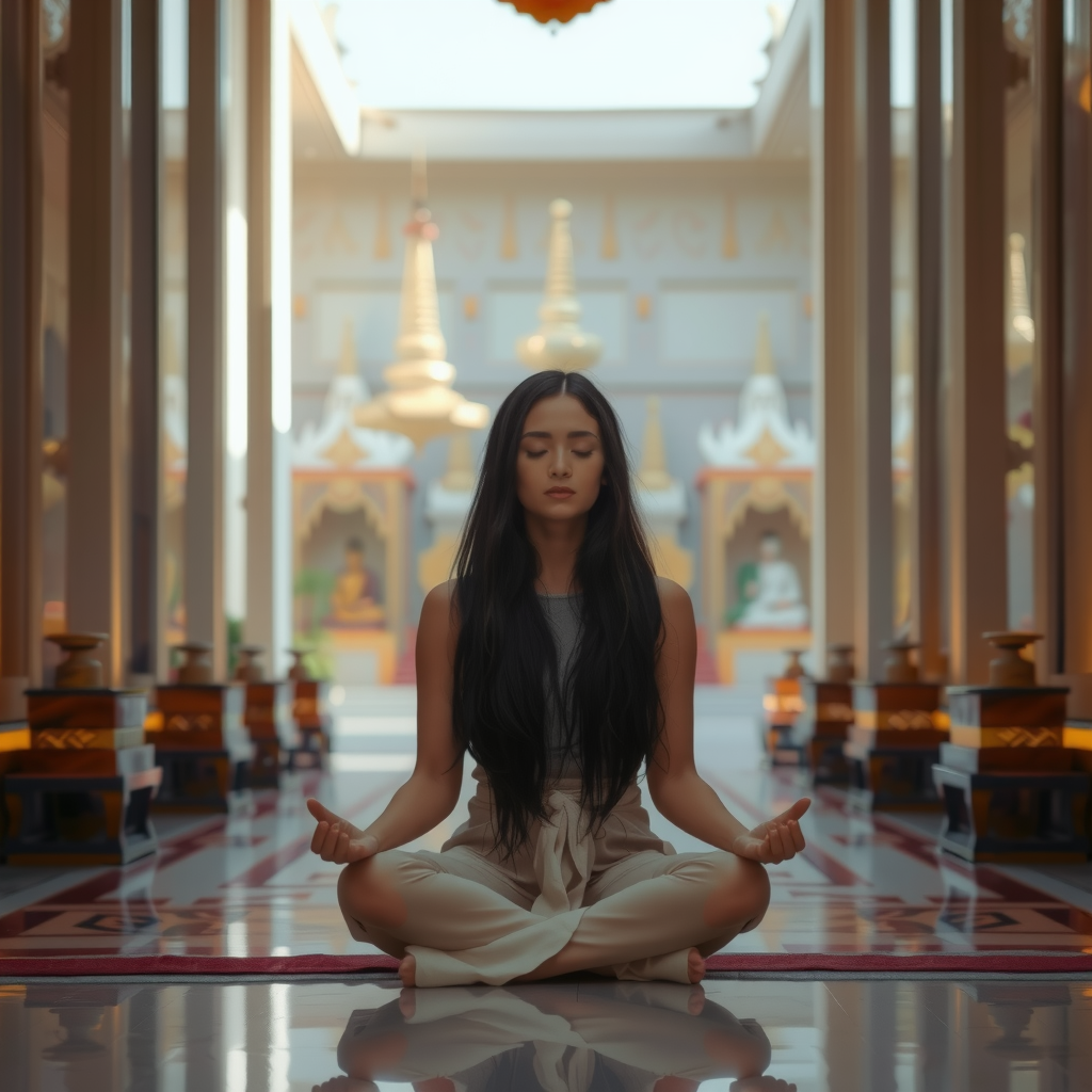 A woman meditates peacefully in a sunlit temple corridor.