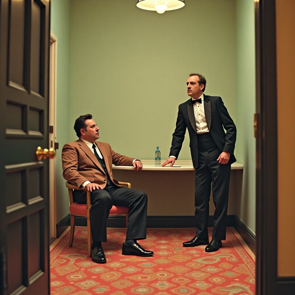 The image presents a scene reminiscent of experimental cinema, with two men dressed in formal attire situated in a small hotel room. One man, seated and contemplative, wears a brown suit, while the other stands in black-tie attire, looking directly into the camera, creating a sense of tension. The room features muted green walls and vintage decor, enhancing its surreal and cinematic quality. Soft lighting bathes the scene, reminiscent of classic film styles, evoking a feeling of nostalgia. The overall atmosphere blends elements of bizarre and visceral experiences, amplifying the surreal undertones of the setting.