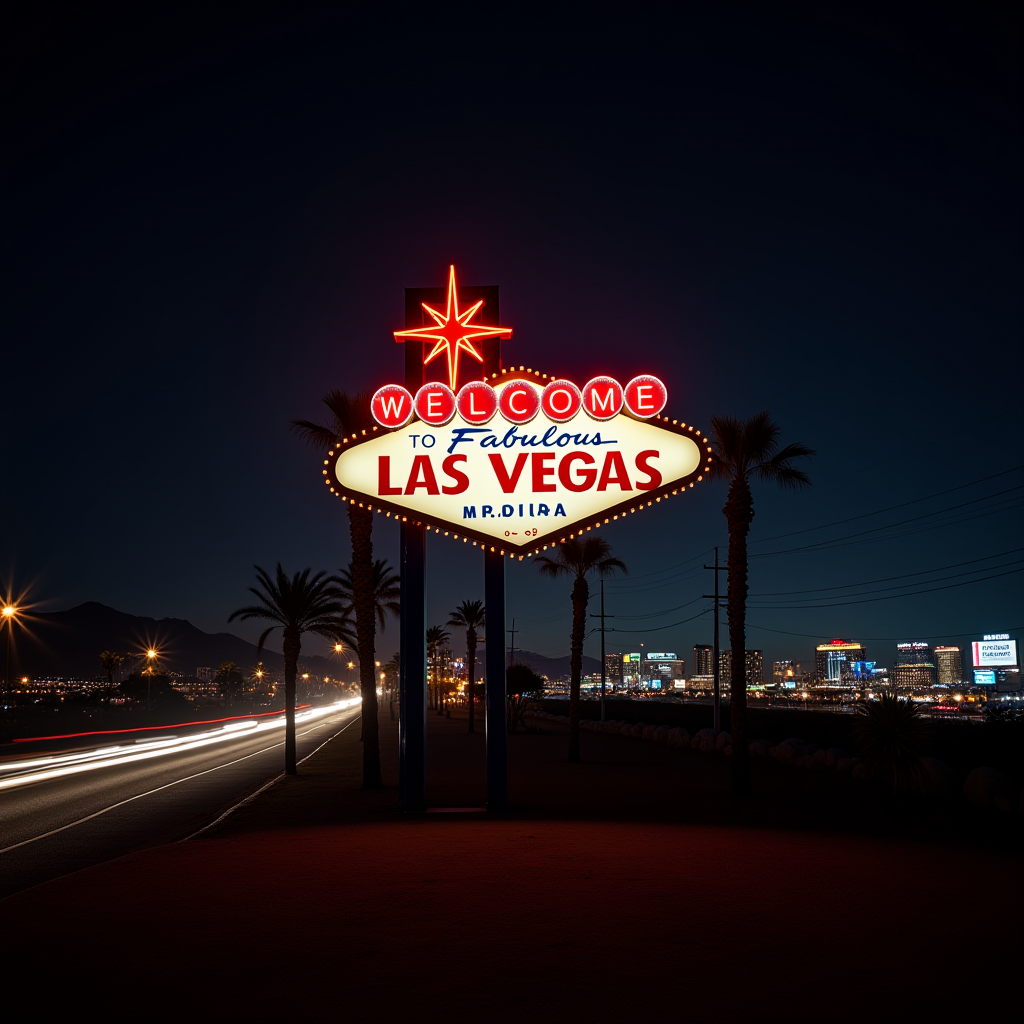 A colorful neon sign greeting visitors to Las Vegas, set against a night sky with the illuminated cityscape in the background.