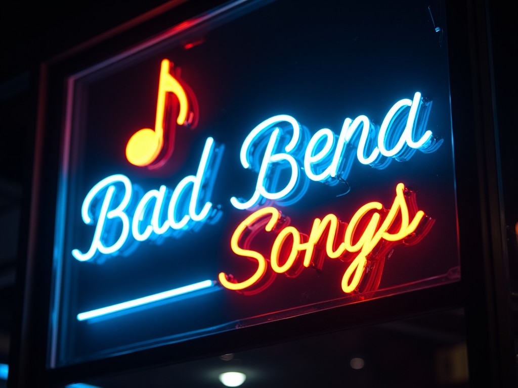 This image showcases a neon sign with the words 'Bad Bena Songs'. The sign features a musical note design that adds a creative touch. The vibrant blue and yellow colors stand out, creating a visually appealing effect. Such signage is commonly found in music shops and entertainment venues. It serves both decorative and functional purposes, enhancing the ambiance of the surroundings.