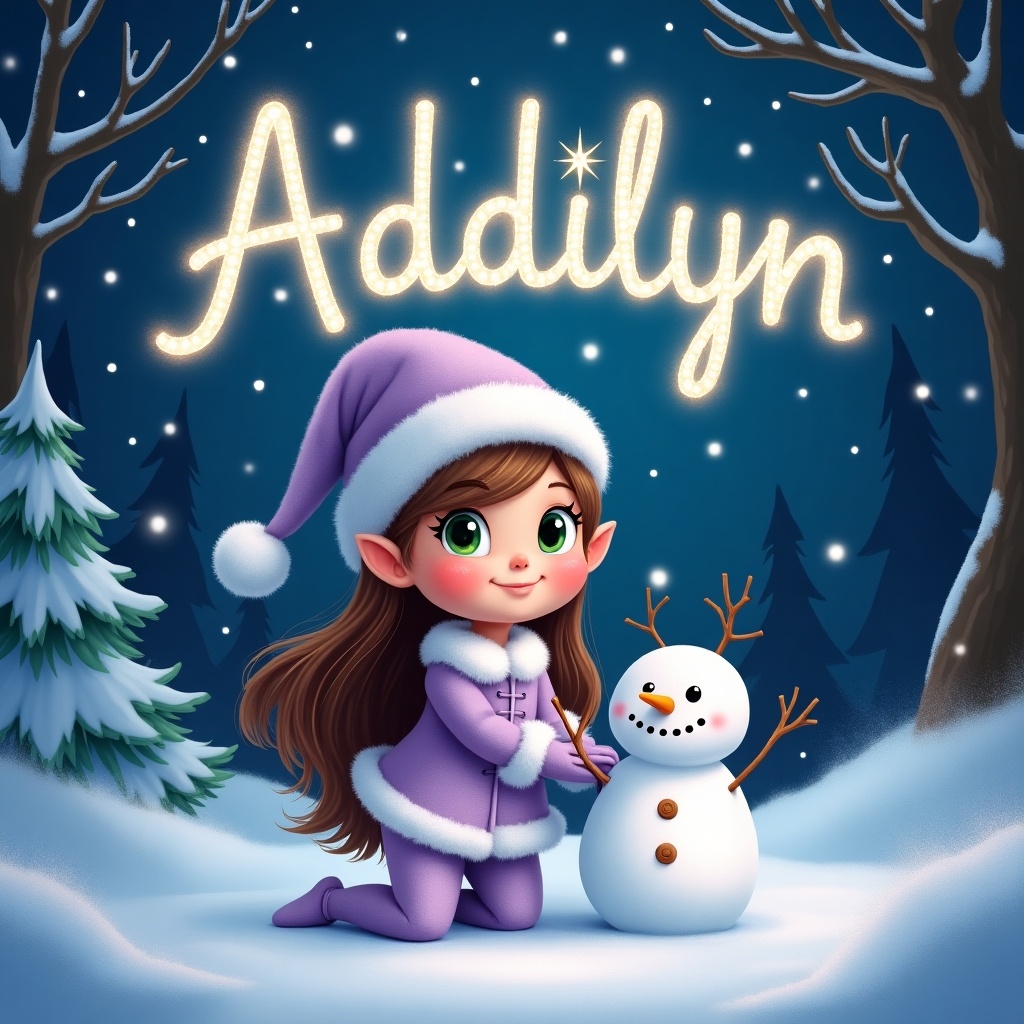 A whimsical image features a lilac-colored Elf on the Shelf girl with long brown hair and green eyes. She is set in a snowy woodland backdrop during the nighttime. Beside her stands a cheerful snowman. The name 'Addilyn' shines in sparkling lights in the starry sky above. The scene evokes a festive and enchanting holiday atmosphere, perfect for winter joy. This illustration embodies imagination and holiday magic, ideal for children's products or festive decor.