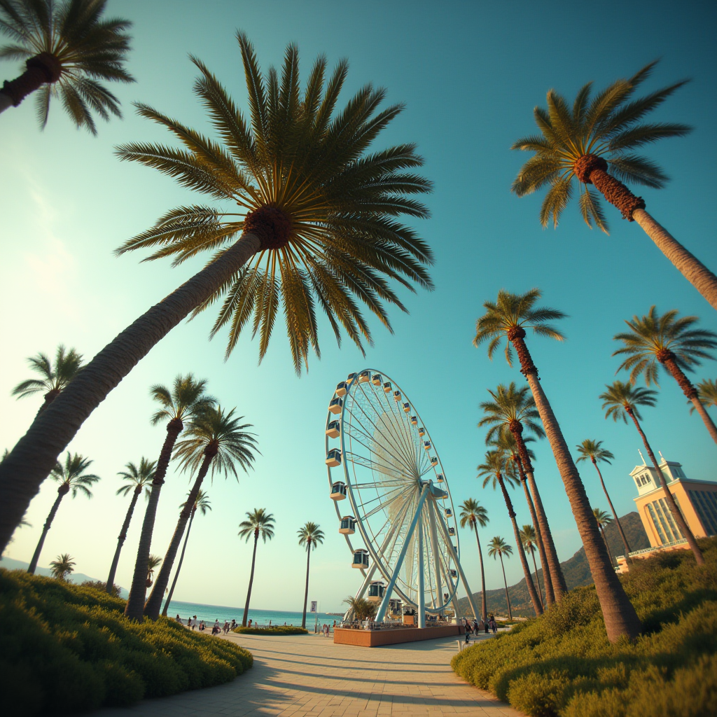 A Ferris wheel stands tall amidst palm trees near a beach at sunset.