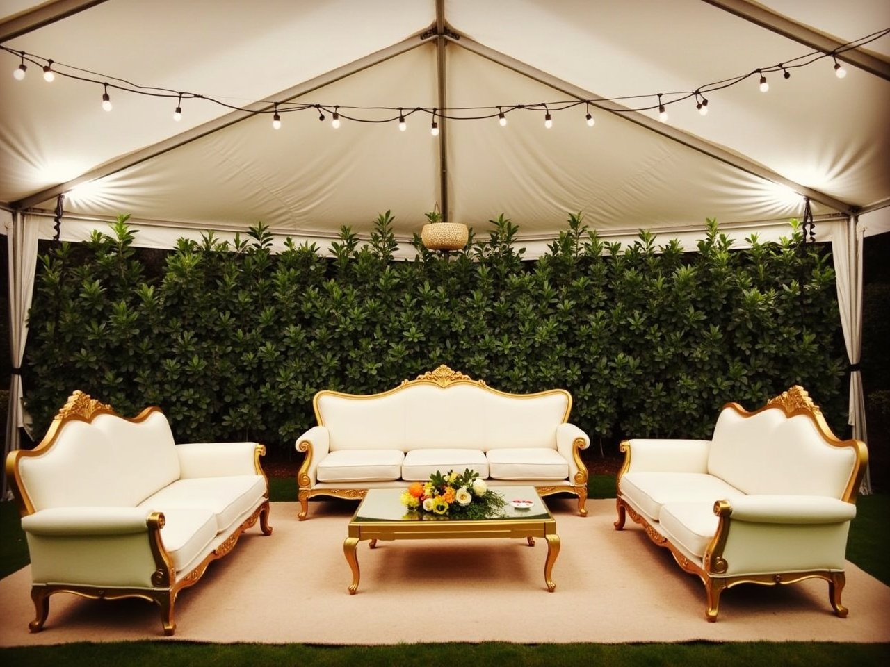 This image showcases an elegant outdoor tent space designed for events. The interior features luxurious white couches, beautifully arranged around a central gold coffee table adorned with bright flowers. Above, delicate fairy lights create a warm and inviting glow. The space is surrounded by lush greenery, enhancing its serene atmosphere. It is perfect for gatherings like weddings and corporate events, suggesting a cozy yet sophisticated vibe.