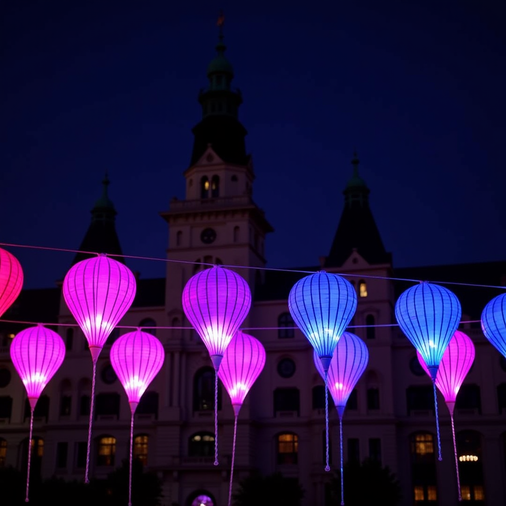 Colorful lanterns glow beautifully against the backdrop of a dark, historical building at night.