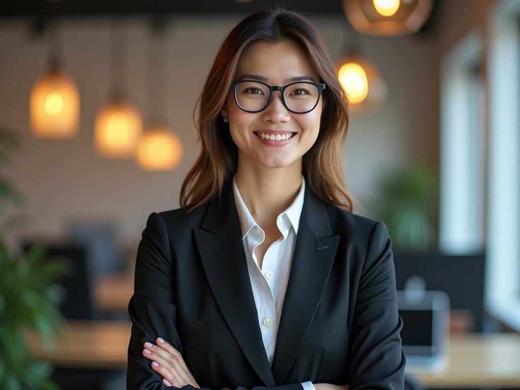 The image depicts a confident young professional woman wearing glasses and a black suit, standing with her arms crossed in a modern office environment. The background features warm, ambient lighting with blurred lights and plants, suggesting a welcoming and productive workplace.