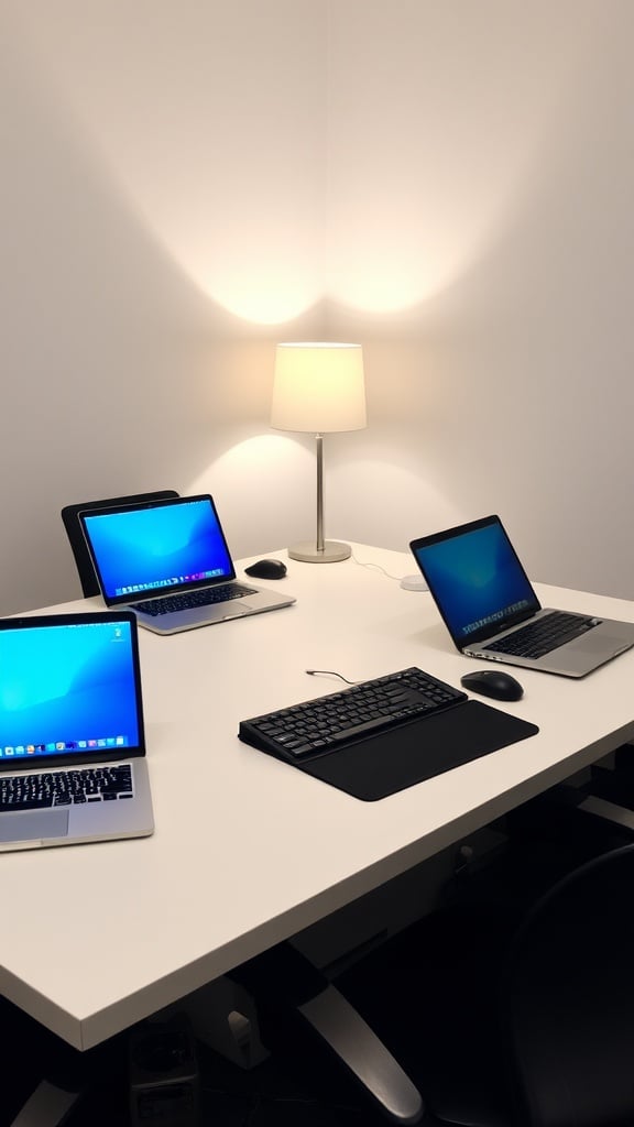 A modern workspace with three open laptops and a centrally placed lamp on a white table.