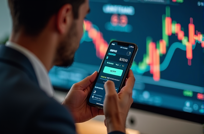 A person looking at a smartphone showing a trading app with charts on a large monitor in the background.