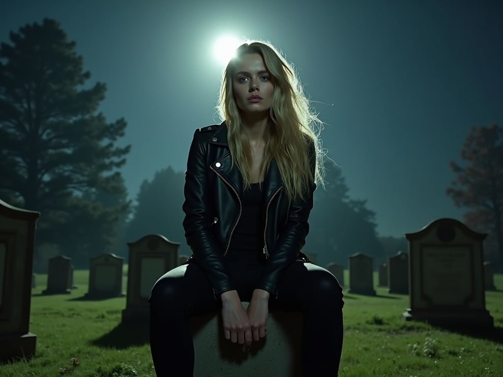 The image features a mysterious woman seated on a stone in a graveyard at night. She is wearing a stylish black leather jacket and has long blonde hair, illuminated by a dramatic light source behind her. The setting evokes an eerie and compelling atmosphere, with tombstones scattered around in shadowy silhouettes. The contrast of the dark environment and her illuminated figure adds to the intrigue. This scene suggests themes of mystery, possibly related to a thriller or horror narrative.