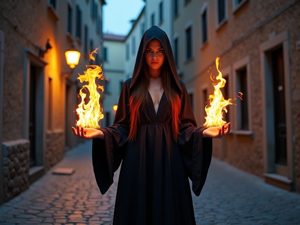 A mysterious woman stands in a twilight-lit alley with cobblestone pathways and old, stone buildings on either side. She wears a dark, flowing robe with a hood casting shadows over her face, adding to the air of mystery. In her outstretched hands, she conjures flames that dance and flicker with vibrant orange and yellow hues. The scene is illuminated by a single street lamp in the background, casting a warm glow that mingles with the cool blues of the evening. Her intense gaze and the magical flames create a sense of intrigue and power.