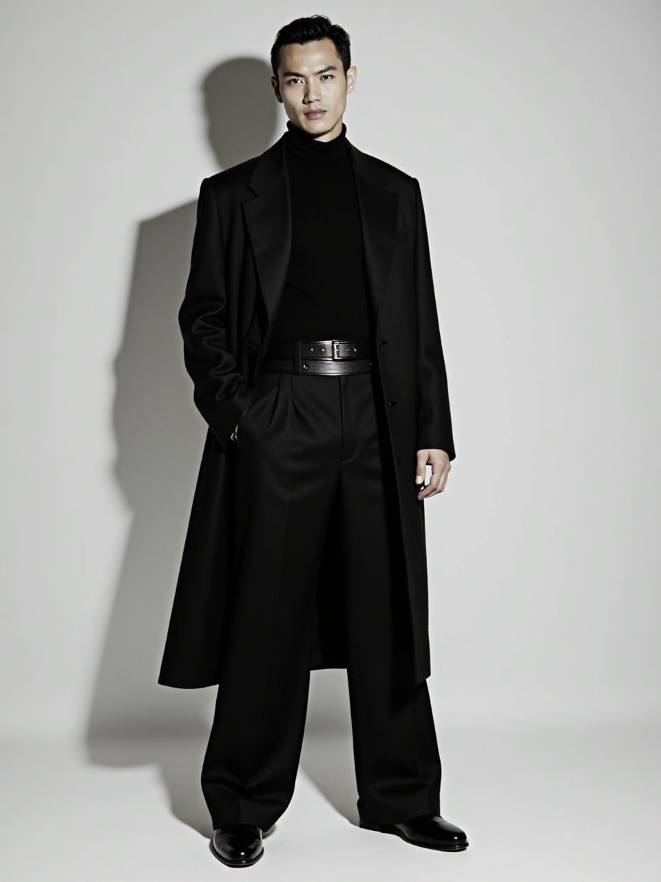 A person stands confidently in a full-length black coat over a matching black turtleneck and wide-legged trousers. The outfit exudes sophistication and style, with the belt adding a touch of finish. The lighting creates a dramatic shadow on the wall, enhancing the sleek look.