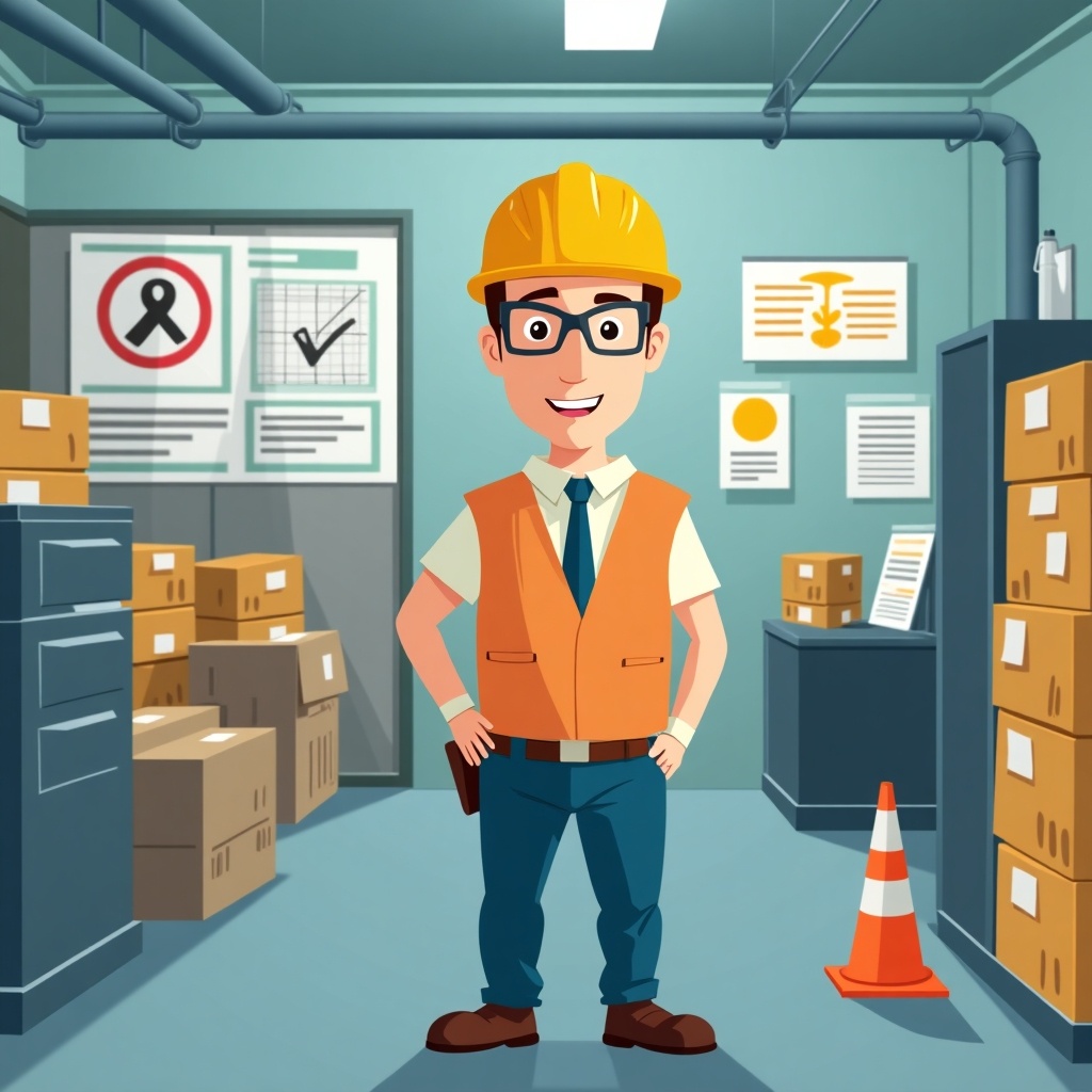 This image features an animated health and safety officer working in an industrial setting. He stands confidently in a bright, well-lit room filled with boxes. The officer wears a yellow hard hat and an orange vest, embodying safety protocols. Around him, various signs communicate health and safety rules. The environment showcases elements typical to warehouses and industrial spaces. The character's cheerful expression promotes a positive attitude towards safety at work.