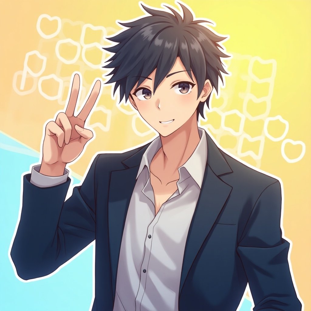 This image features a young male character with a fit body and cool short hair. He has a lively expression, exuding confidence and charisma. The character is dressed in a smart, casual outfit with a button-up shirt under a blazer. His hand is raised in a peace sign, adding to the playful atmosphere. The background is a gradient of warm oranges and cool blues, highlighting the character's vibrant personality. Overall, the artwork is highly detailed and crafted in a high-resolution anime style.