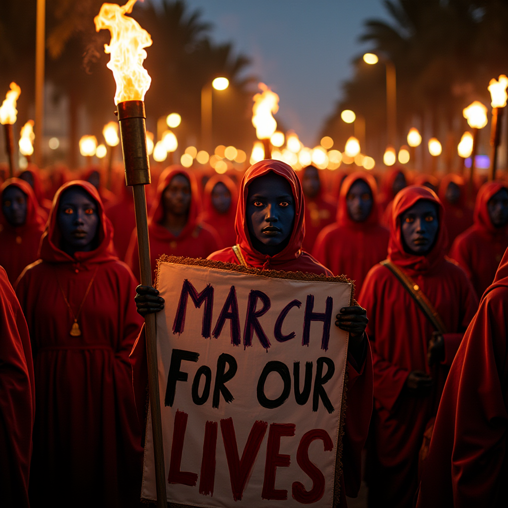 A group of people wearing red robes and blue face paint hold torches and a protest sign reading 'March for Our Lives' during a night demonstration.