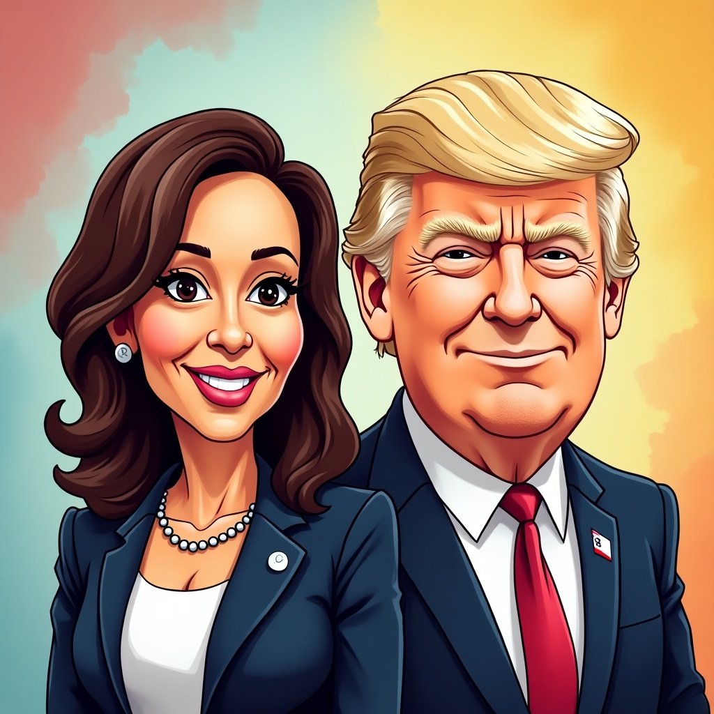 This image presents a colorful cartoon representation of Kamala Harris and Donald Trump standing side by side. They are drawn in an exaggerated caricature style, which emphasizes their distinctive features and personalities. The background features soft gradient colors that enhance the cheerful vibe of the illustration. Harris is depicted with a bright smile and professional attire, while Trump has his signature hairstyle and a confident demeanor. Overall, it captures a light-hearted take on contemporary political figures.