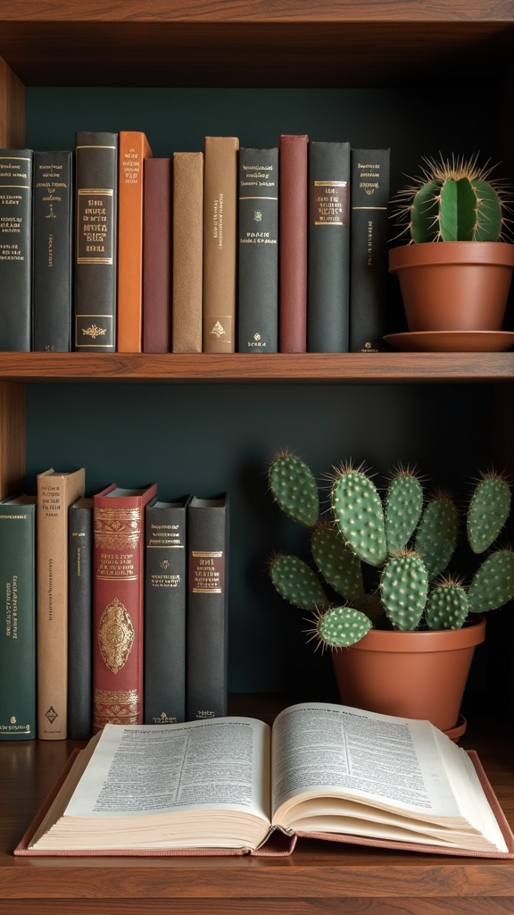 A wooden bookshelf displaying neatly arranged books alongside a cactus plant, with an open book in the foreground.