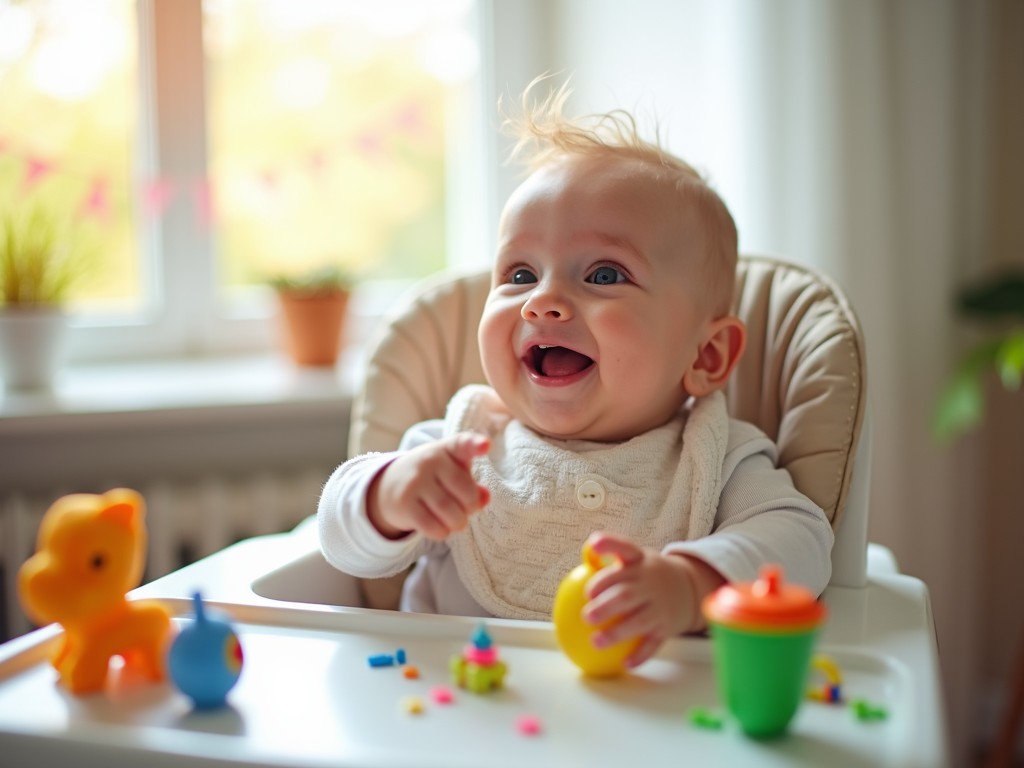 This image captures a baby sitting in a high chair, exuding pure joy as it holds colorful toys. The setting is likely a cozy living space with soft natural light filtering through a window, casting a gentle glow across the scene. The baby's expression is full of happiness, and the surrounding environment is soft and inviting, creating an atmosphere of warmth and comfort.