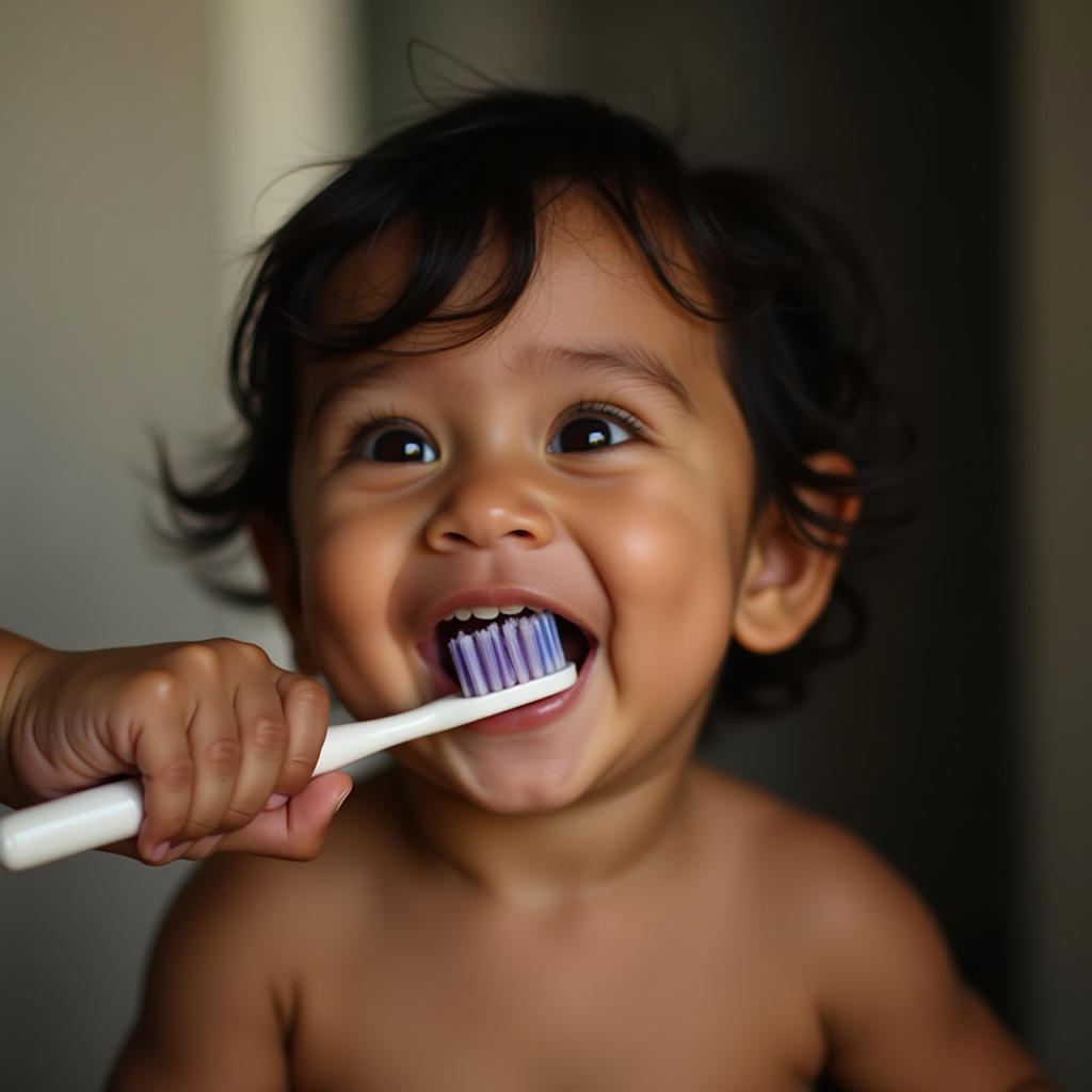 A smiling toddler excitedly holds a toothbrush.