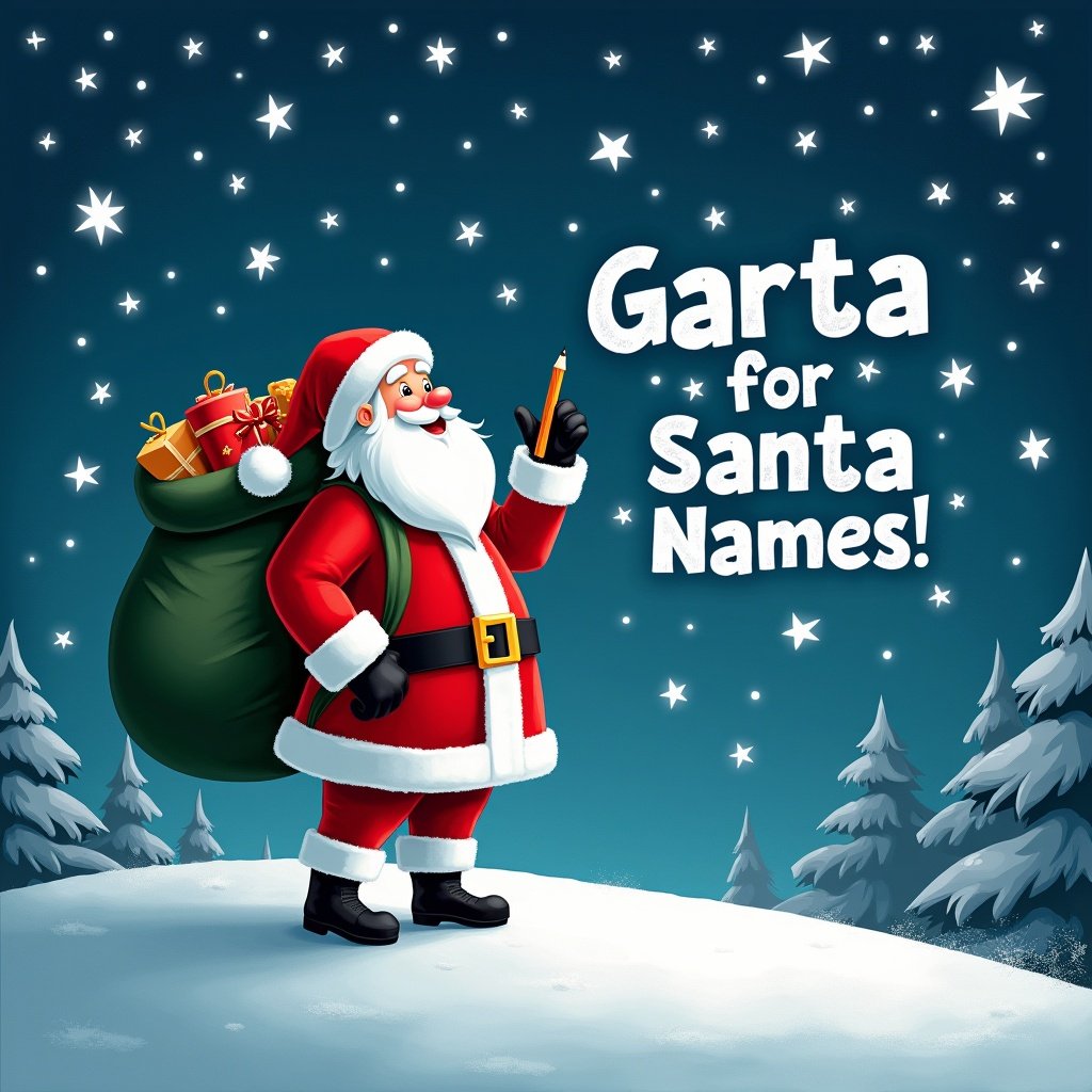 In a magical winter scene, Santa Claus stands on a snowy hill under a starry night sky. He is holding a pencil and looking up as he writes names of children in the sky. Santa, dressed in his traditional red and white suit, has a large sack of gifts on his back. The night is bright with twinkling stars surrounding him. The phrase 'Garta for Santa Names!' is displayed in a whimsical font, adding to the festive atmosphere.