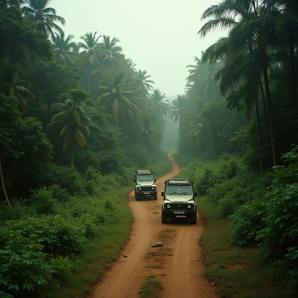 Two off-road vehicles drive down a dirt path through lush tropical foliage and towering palm trees on a misty day.