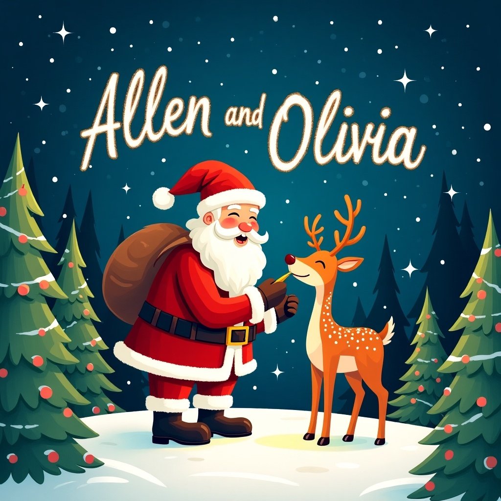 The image features Santa Claus joyfully interacting with a deer in a snowy winter scene. Surrounded by tall evergreen trees, the atmosphere is filled with holiday cheer. Sparkling letters display the names 'Allen and Olivia', which adds a personal touch to the festive charm. The playful deer enhances the whimsical nature of the scene. This illustration captures the essence of Christmas, making it appealing for children and families during the holiday season.