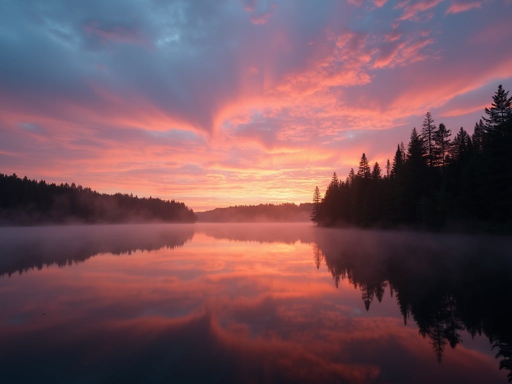 A tranquil lake mirrors a stunning sunset, with brilliant shades of pink and orange spreading across the sky. Towering silhouettes of pine trees frame the water's edge, creating a harmonious balance between the sky and the earth. The mist rising from the lake adds a mystical touch to the serene landscape.