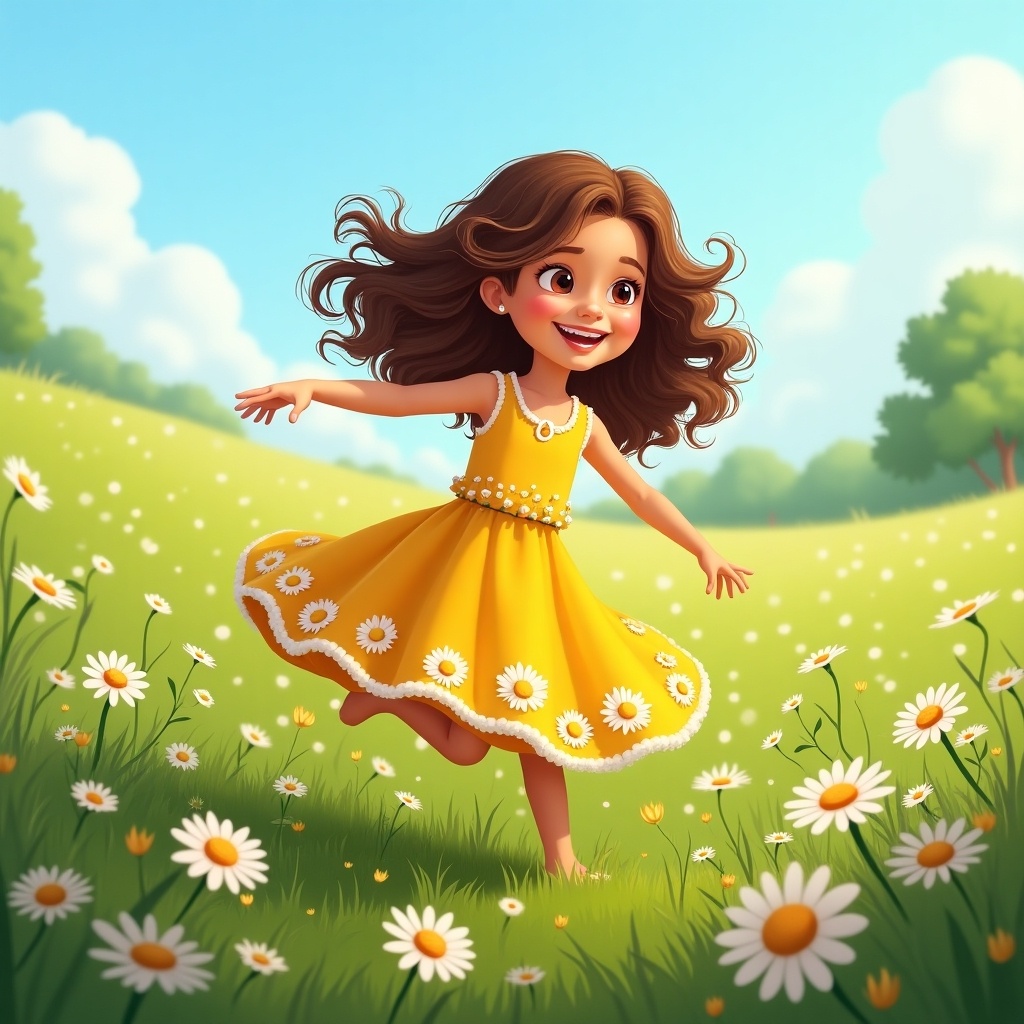 A cheerful girl named Ryleigh twirls joyfully in a field filled with daisies. She wears a bright yellow dress that contrasts beautifully with the green grass. The sun shines brightly overhead, creating a warm and inviting atmosphere. Ryleigh's hair flows in the gentle breeze as she delights in her playful dance. The background features a serene landscape of trees and a clear blue sky, completing this idyllic scene.