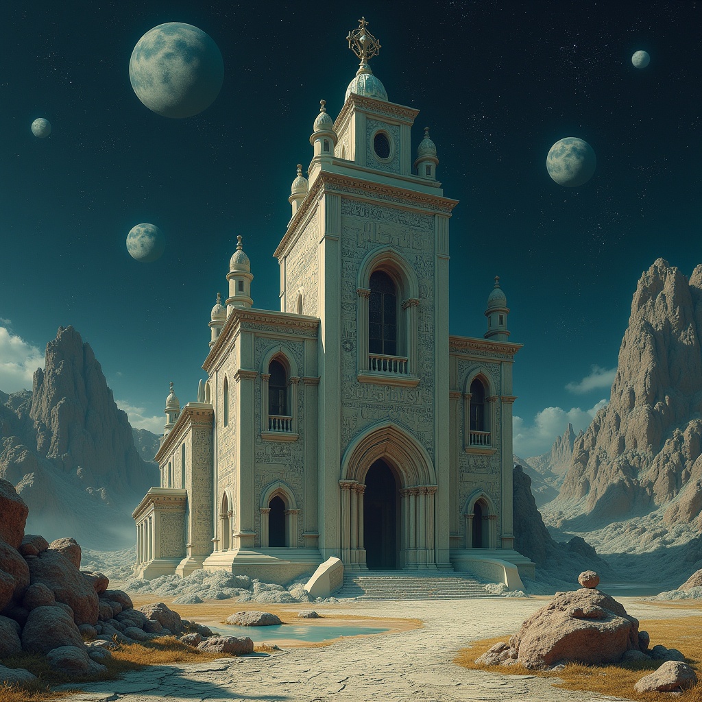 This image depicts a surreal place where one can find peace of mind: the building of Zero Rest. This structure has a mystical quality, making its dimensions appear variable, enhancing its presence in an alien landscape. The backdrop features a night sky adorned with stars and multiple moons. The exterior resembles an occult church, embellished with ancient inscriptions, contributing to the labyrinthine illusion of time and space. The atmosphere evokes a blend of wonder and trepidation, touching upon themes of spiritual evolution and encounters with the unknown. This artwork harmoniously merges elements of fantasy and science fiction.