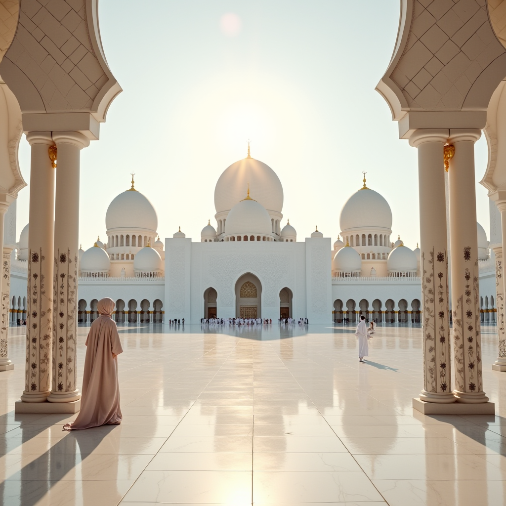 People stand in a serene courtyard of a grand mosque with white domes and intricate arches, basking in the warm glow of a setting sun.