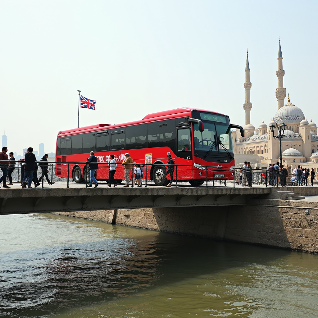 The image showcases a vibrant red bus crossing a bridge over a calm body of water. In the background, there is an impressive mosque with multiple domes and two tall minarets, reflecting Islamic architecture. The sky is overcast, and there is a Union Jack flag displayed near the bus, adding an element of cultural blending or tourism. Several people are seen walking on the bridge, suggesting a bustling, urban environment. The overall scene combines elements of modern transportation with traditional architecture in an evocative, multicultural setting.