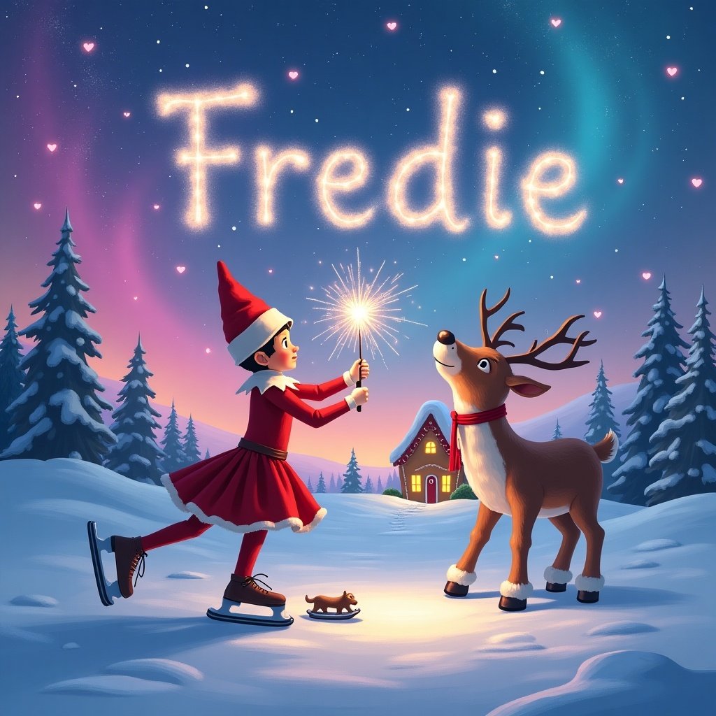 The image features an elf on the shelf ice skating with a reindeer against a magical snowy North Pole backdrop. The landscape is adorned with tall evergreen trees and a charming gingerbread house sparkling with light in the distance. The elf, dressed in a festive costume, is joyfully writing the name 'Freddie' in the night sky using a sparkler. Above, the sky is an enchanting blend of pink, purple, and blue hues, illuminated by celestial northern lights and scattered hearts. This scene captures the essence of holiday magic and wonder for children.