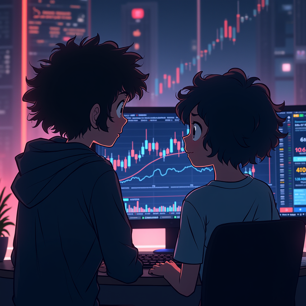 Two animated characters are focused on computer screens displaying stock market charts in a dimly lit room.